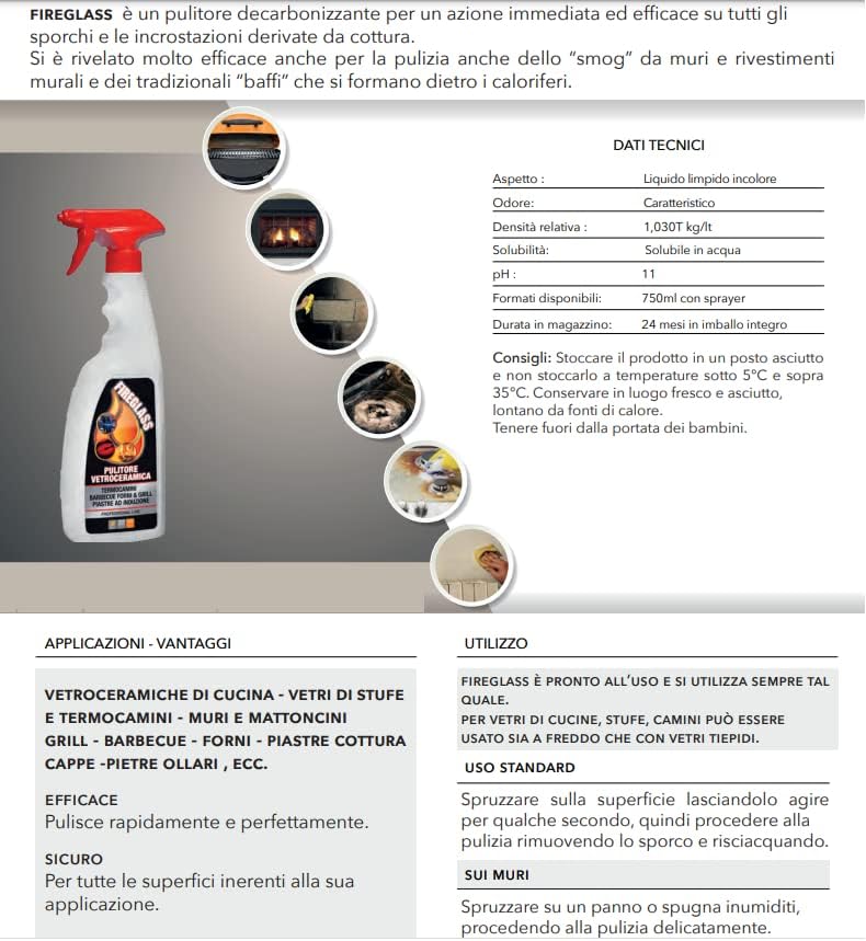 Faren FIREGLASS, Detergente Pulisci Vetro Camino e Stufa, Efficace su Vetroceramica e Barbecue, Ideale per Termocamini e Piani a Induzione, Made in Italy, 750 ml - immagine 3