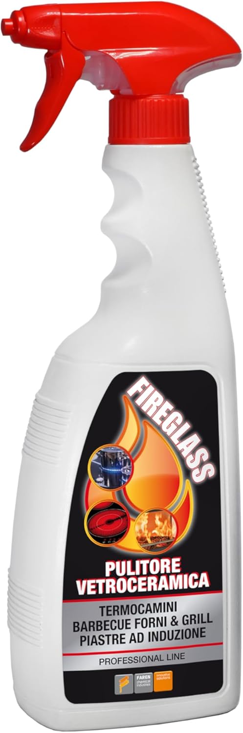 Faren FIREGLASS, Detergente Pulisci Vetro Camino e Stufa, Efficace su Vetroceramica e Barbecue, Ideale per Termocamini e Piani a Induzione, Made in Italy, 750 ml