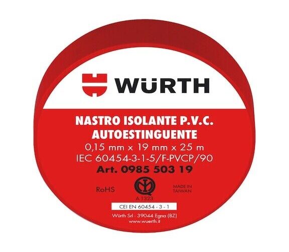NASTRO ISOLANTE PROFESSIONALE DA ELETTRICISTA ROTOLO WURTH 19mmX25mt ROSSO 10 PZ