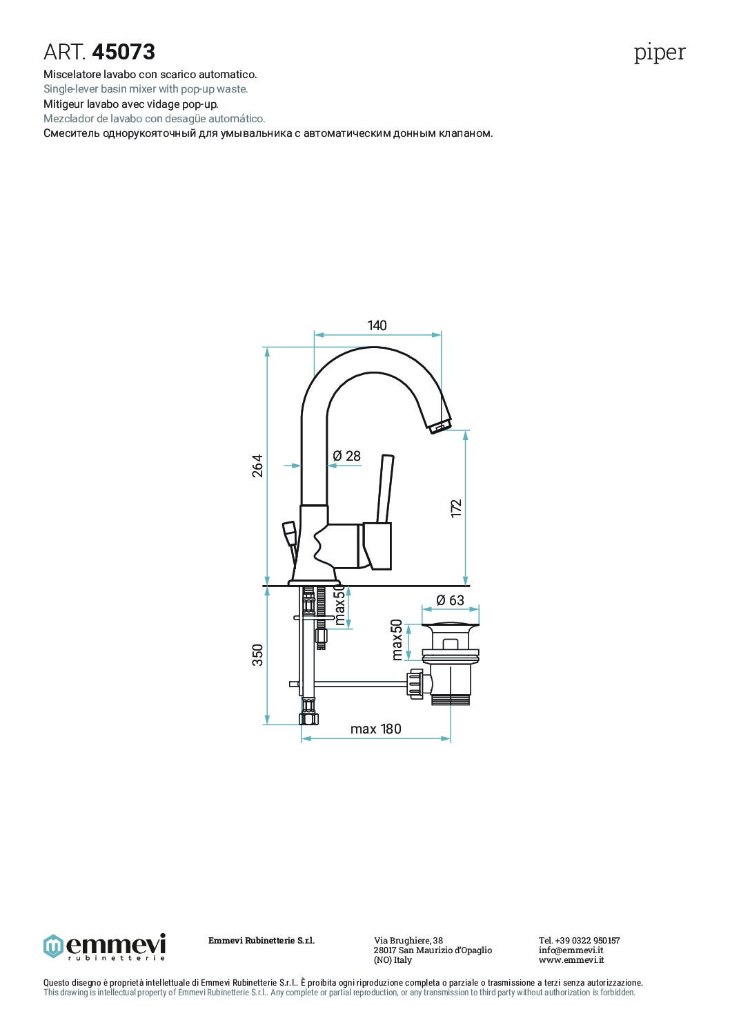 EMMEVI MISCELATORE LAVABO CON SCARICO SERIE PIPER ART.45073 CROMO - immagine 3