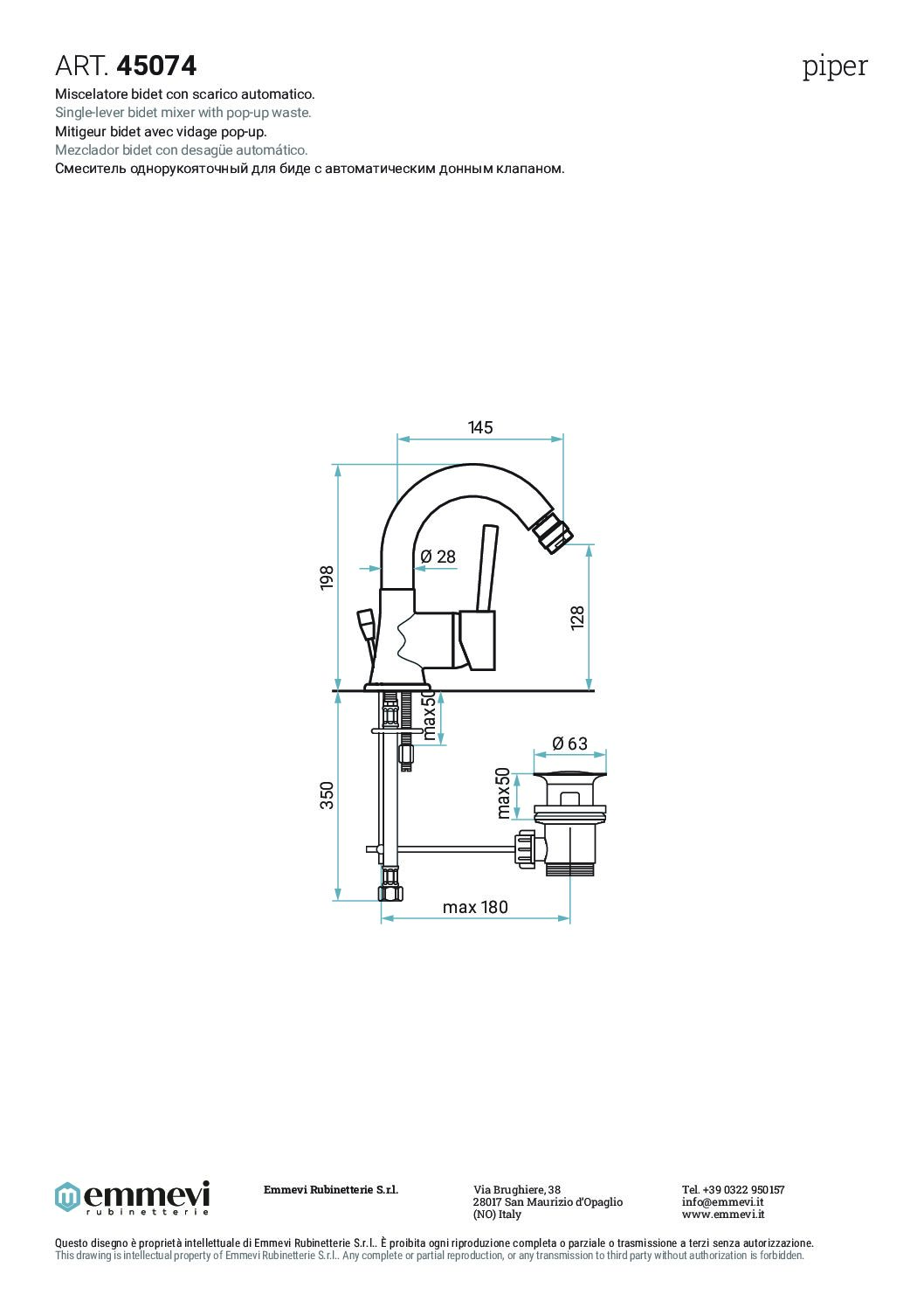 EMMEVI MISCELATORE BIDET CON SCARICO SERIE PIPER ART.45074 CROMO - immagine 3