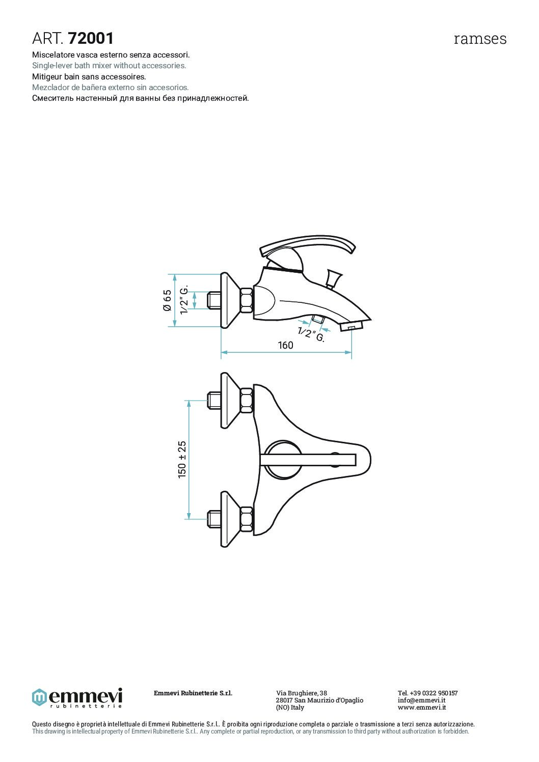 EMMEVI MISCELATORE VASCA ESTERNO SENZA ACCESSORI CROMO SERIE RAMSES ART.72001 - immagine 3