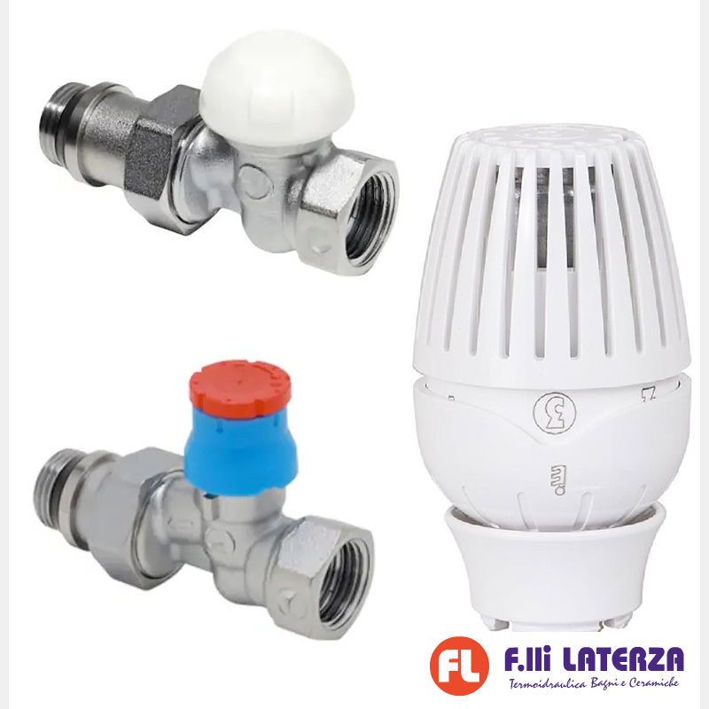 GIACOMINI KIT VALVOLA + DETENTORE E TESTA TERMOSTATICA 1/2″ PREDISPOSTA ATTACCO FERRO
