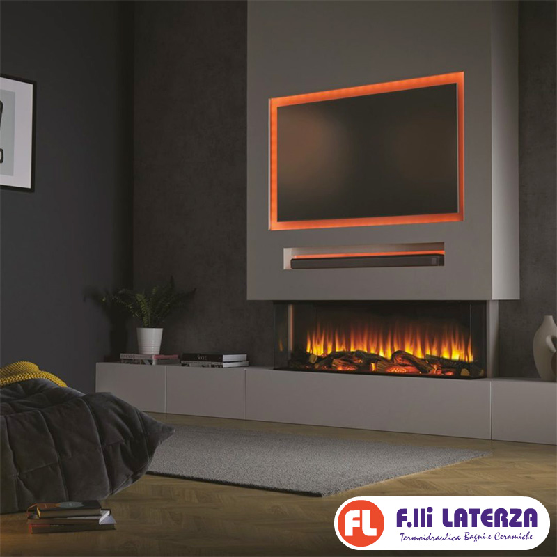 LEPIAKI 125 | Camino elettrico a LED da incasso | SET LEGNA CERAMICA & KIT LEGNA VERA