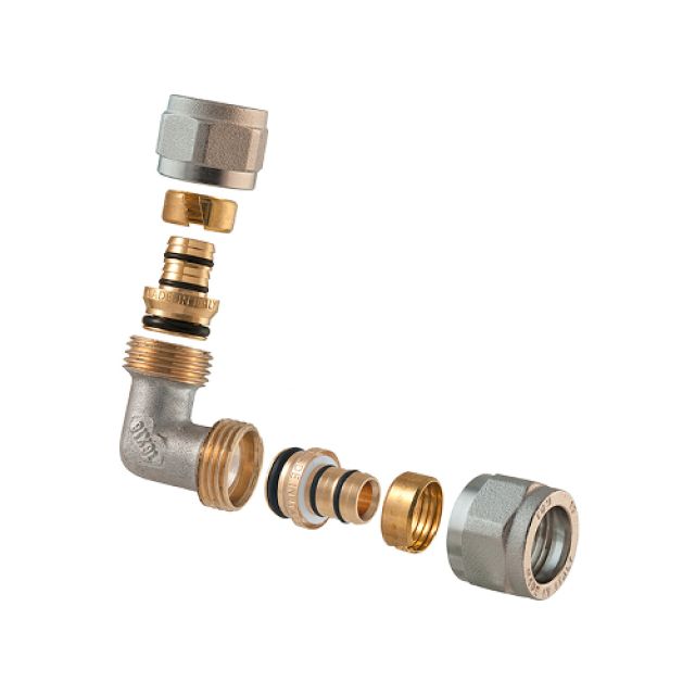 RACCORDO CURVO DOPPIO A COMPRESSIONE PER MULTISTRATO 2PZ ASSEMBLATO 1/2-16 x 1/2-16
