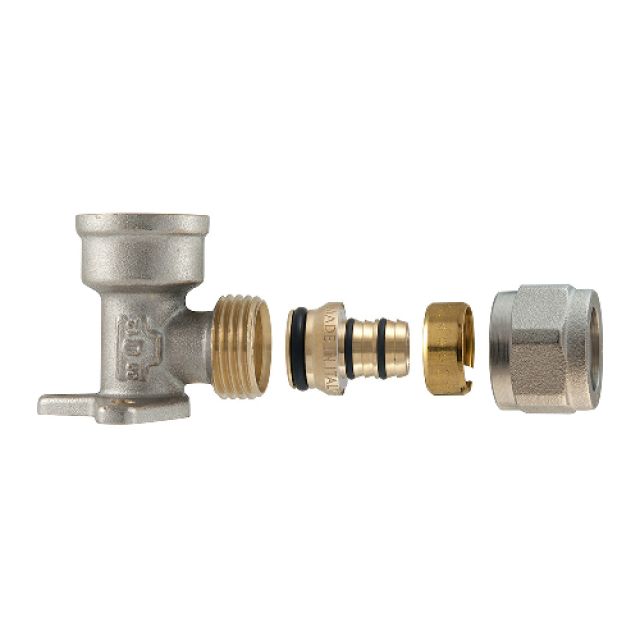 RACCORDO GOMITO FEMMINA A STAFFA A COMPRESSIONE PER MULTISTRATO 2PZ AS 1/2 x 1/2-16