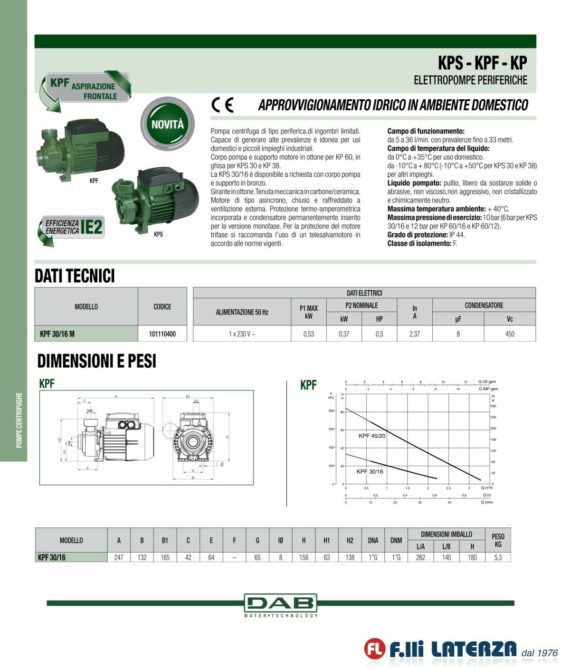 POMPA CENTRIFUGA PERIFERICA FRONTALE DAB 0,5 HP KPF 30/16 370W ELETTROPOMPA - immagine 6