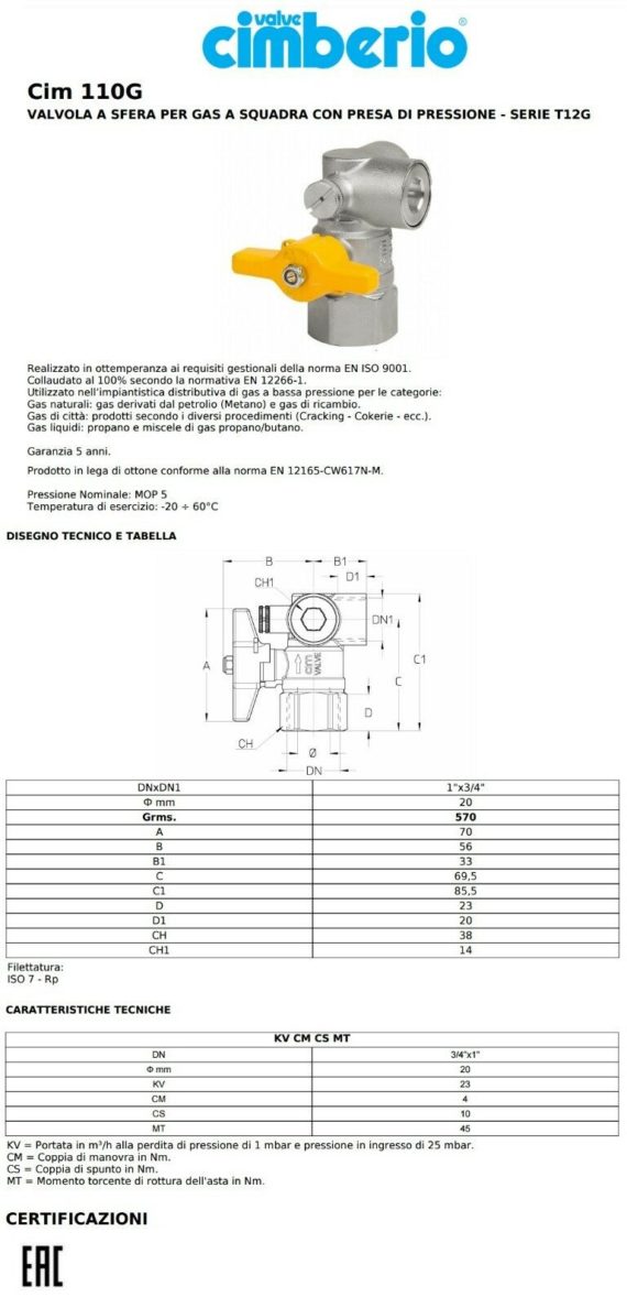 CIMBERIO VALVOLA A SFERA GAS 3/4" x 1" A SQUADRA CON PRESA PRESSIONE SERIE 110G - immagine 3