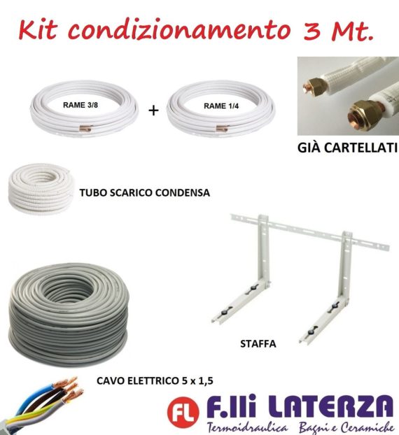 KIT INSTALLAZIONE CONDIZIONATORE CLIMATIZZATORE 3 MT TUBO RAME 1/4" 3/8" STAFFE