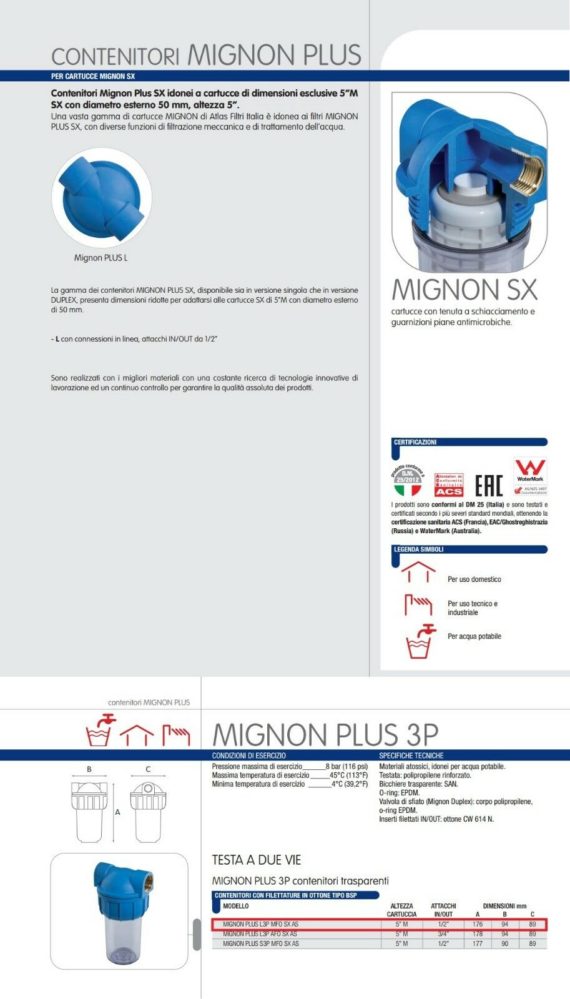 ATLAS CONTENITORE FILTRO MIGNON PLUS L 3P MFO SX AS ACQUA 1/2" DIRITTO - immagine 3