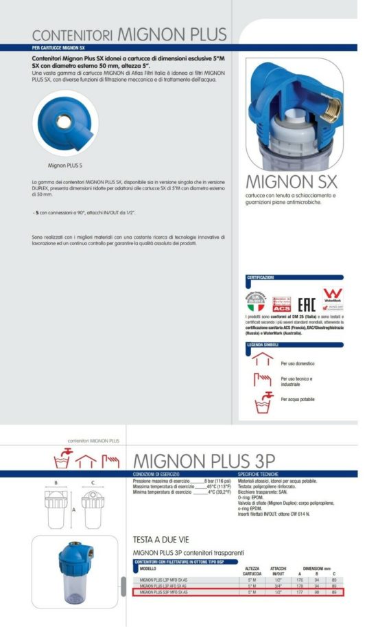 ATLAS CONTENITORE FILTRO MIGNON PLUS S 3P MFO SX AS ACQUA 1/2" SQUADRA - immagine 3