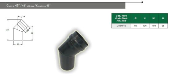 CURVA APERTA 45° NERO OPACO STUFA A PELLET IN ACCIAIO SPESSORE 1,2 mm. Ø 80 TUBI - immagine 3