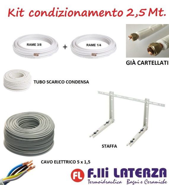 KIT INSTALLAZIONE CONDIZIONATORE CLIMATIZZATORE 2,5MT TUBO RAME 1/4" 3/8" STAFFE