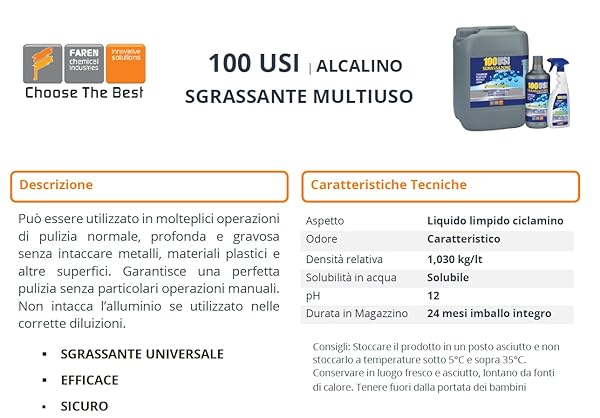 Faren 100 USI, Sgrassante Multiuso Alcalino, efficace e sicuro su tutte le superfici per una perfetta pulizia, 1 Lt - immagine 3