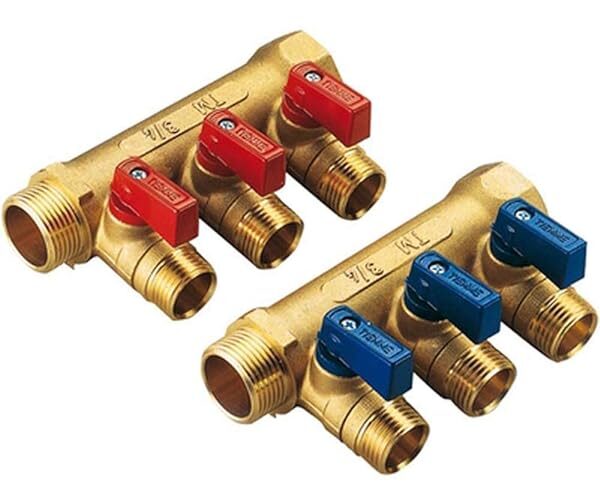 Tiemme COLLETTORE NINO GIALLO C/VALVOLA A SFERA DA 3/4 x 16 3 VIE - 3/4 x 1/2 x 16